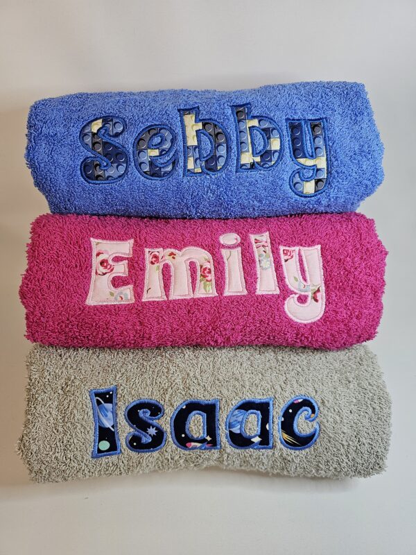 personalised towel blue pink and light grey